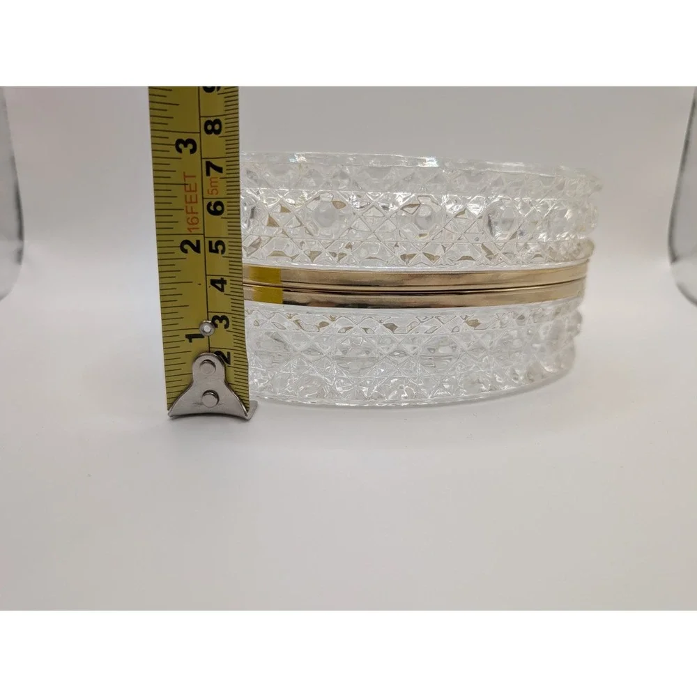 Vintage Cut Glass Crystal Casket Trinket Box Hinged Gold Tone Jewelry Case